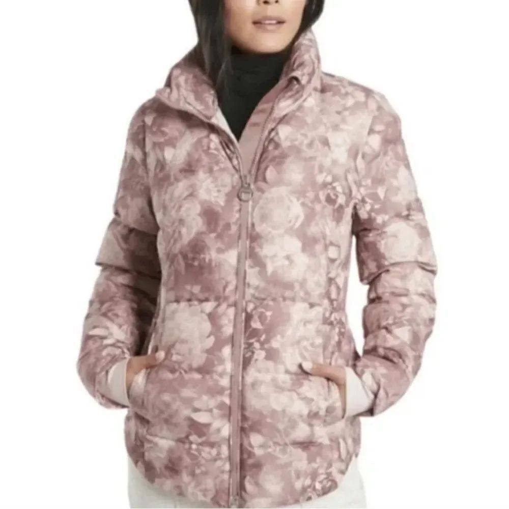 Athleta Downtown Printed Puffer Jacket Pink Floral Down Filled Sz M